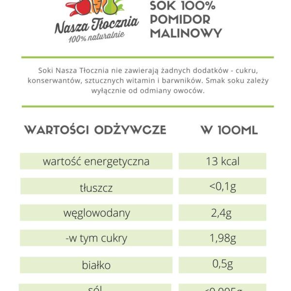 Sok 100% pomidor malinowy - wartości odżywcze w 100ml